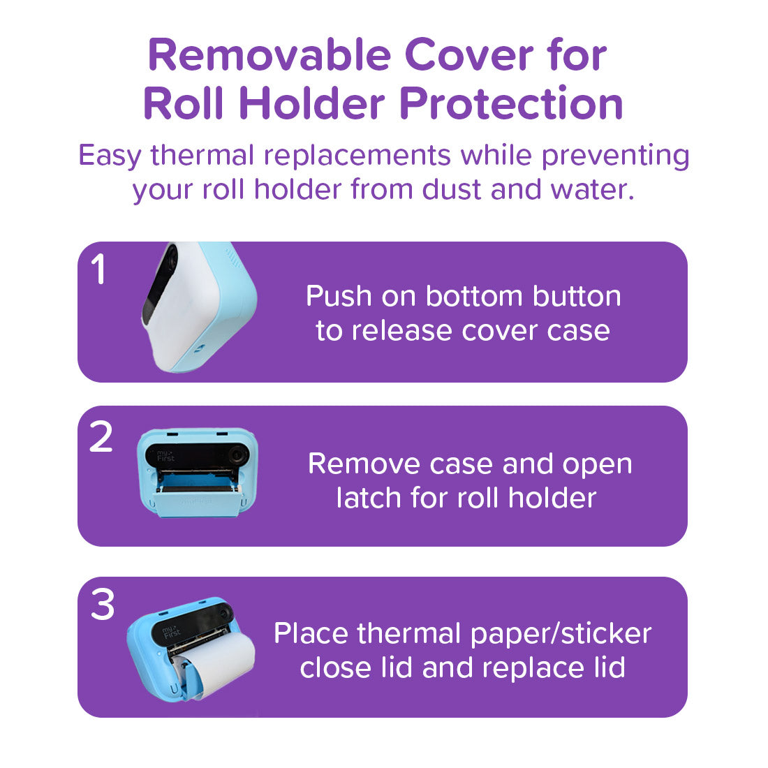 myFirst Insta 20 blue camera step-by-step guide for replacing thermal paper and stickers using the removable protective cover.