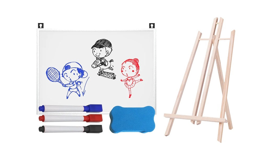 Whiteboard for kids with dry erase markers, eraser, and wooden easel for writing and drawing