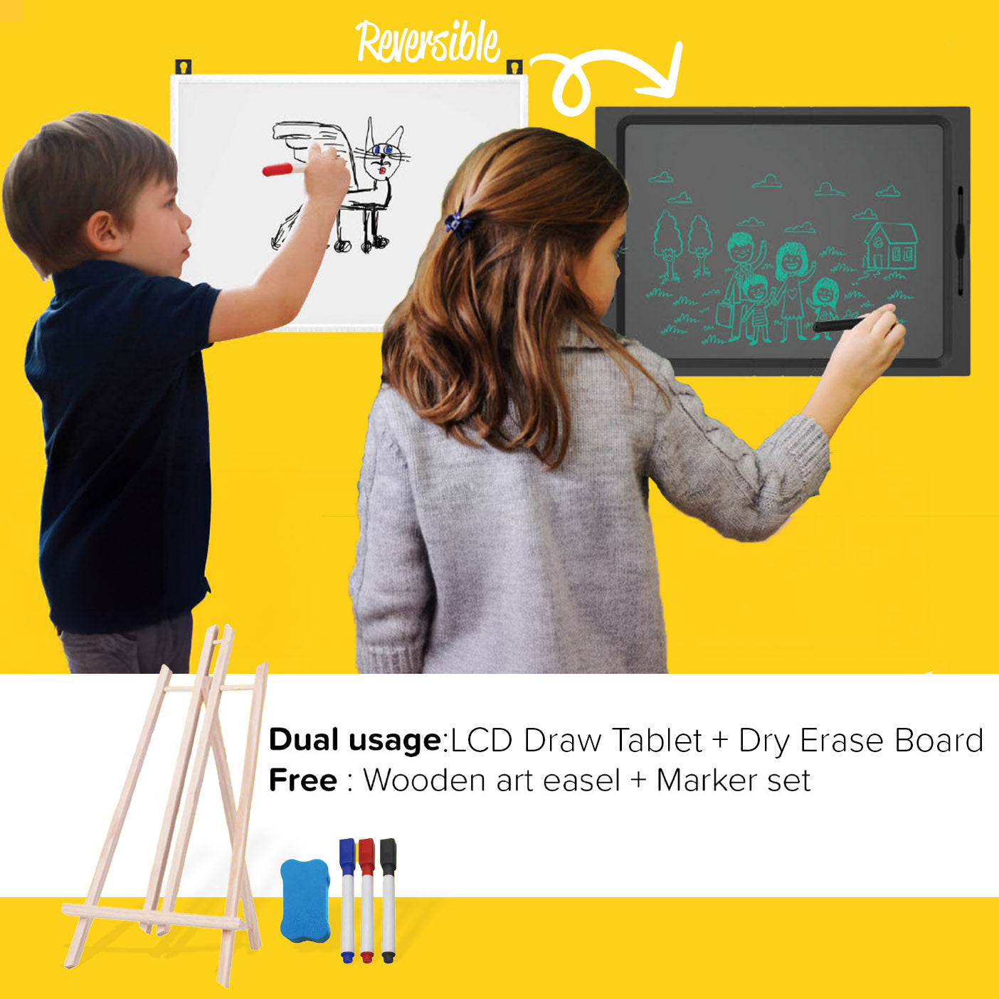 Two kids using a reversible 21-inch kids drawing board, featuring an LCD writing tablet on one side and a dry erase whiteboard on the other. Includes wooden art easel and marker set. Ideal for screen-free creative play, homeschool art activities, and early childhood learning.