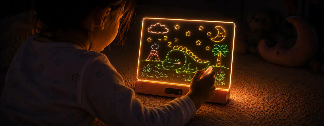 Child drawing a glowing dinosaur, moon, and clouds on an LED drawing board in a dark room.