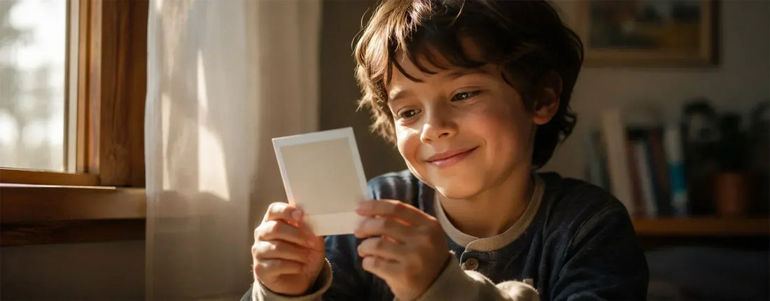 A smiling boy looks down at an instant photo print he's holding, sitting in warm natural light by a window.
