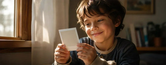 A smiling boy looks down at an instant photo print he's holding, sitting in warm natural light by a window.