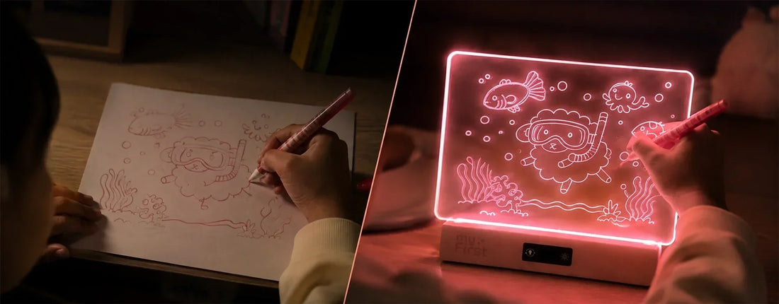 Side-by-side comparison of a child drawing on plain paper versus the same drawing glowing on a myFirst light up drawing board