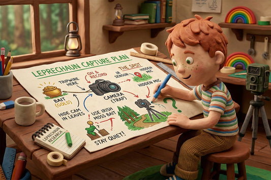 A claymation kid drawing up plans on how to catch a leprechaun on camera