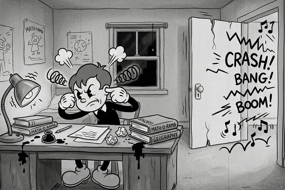 A cartoon of a kid not able to focus because of sound from another room