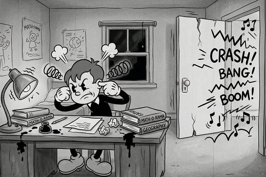 A cartoon of a kid not able to focus because of sound from another room