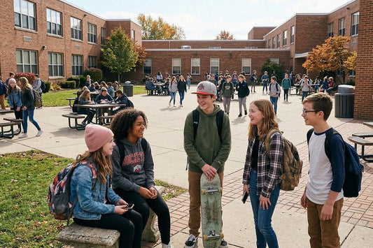 Kids hanging outside at middle school during their lunch period