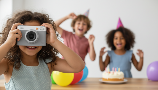A group of kids at a birthday party using an instant print camera
