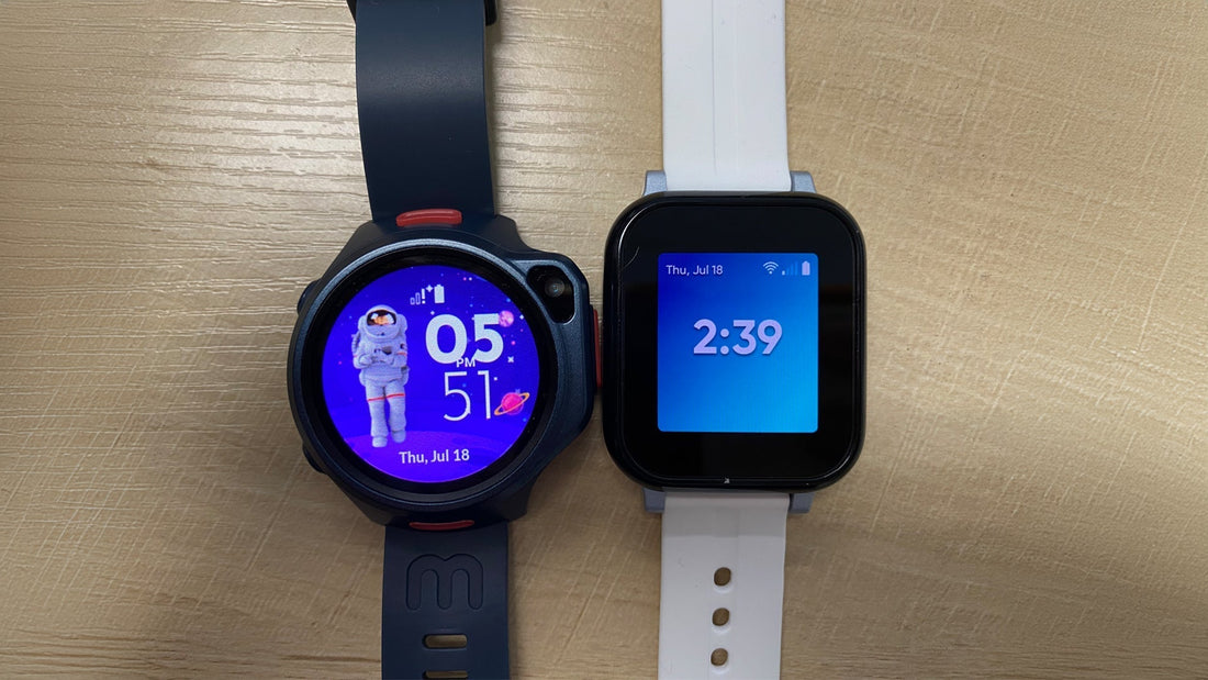 Side by side comparison showing differences between best kids smartwatch myFirst Fone R2 and Gabb Wireless watch in screen quality and resolution