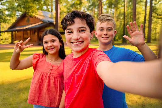 Three pre-teen kids at summer camp standing in front of log cabin on sunny woodland hill taking a selfie with smartwatch camera.