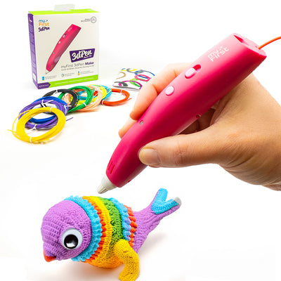 A child's hand holding a pink 3D printing pen making a 3D seal with a box of replacement filaments in the background