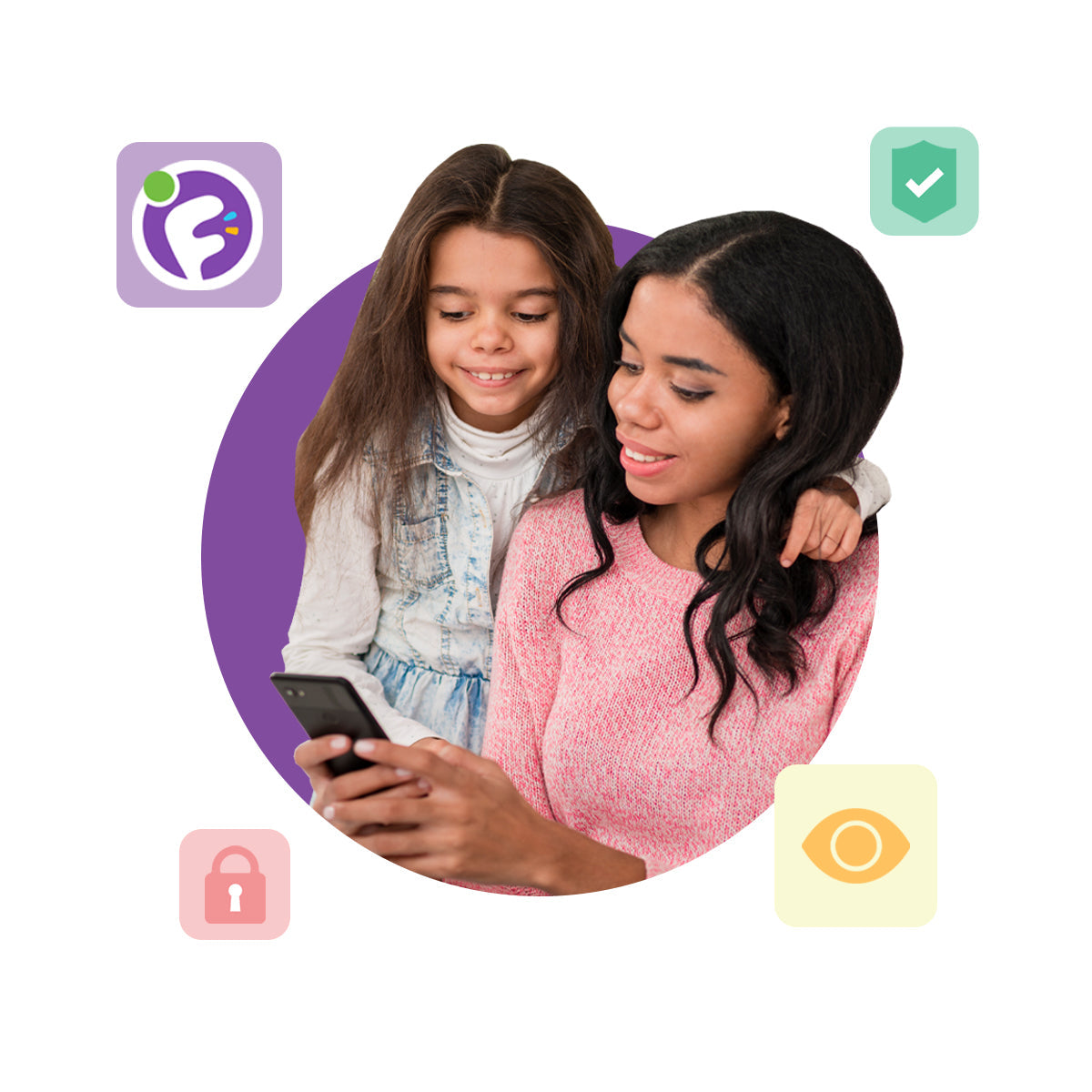 Parent managing myFirst Fone R2 settings via myFirst Circle app, showing parental control, privacy, and safety features