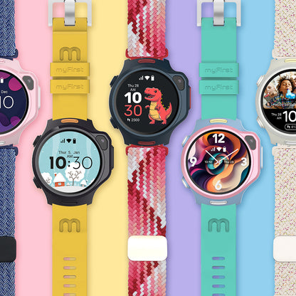 myFirst Fone R2 kids smartwatch lineup displaying various colors, strap styles, and animated watch faces.