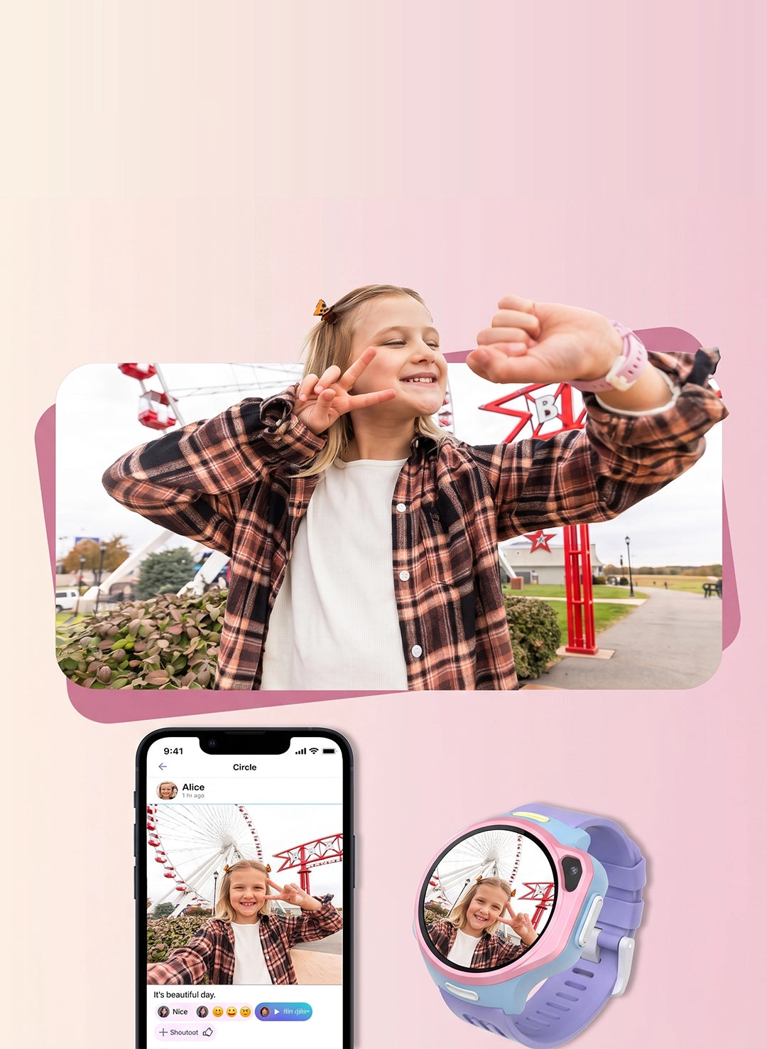 myFirst Fone R2 kids smartwatch with lavender-purple band and pink-lavender case, shown alongside a smartphone displaying a social media feed mobile