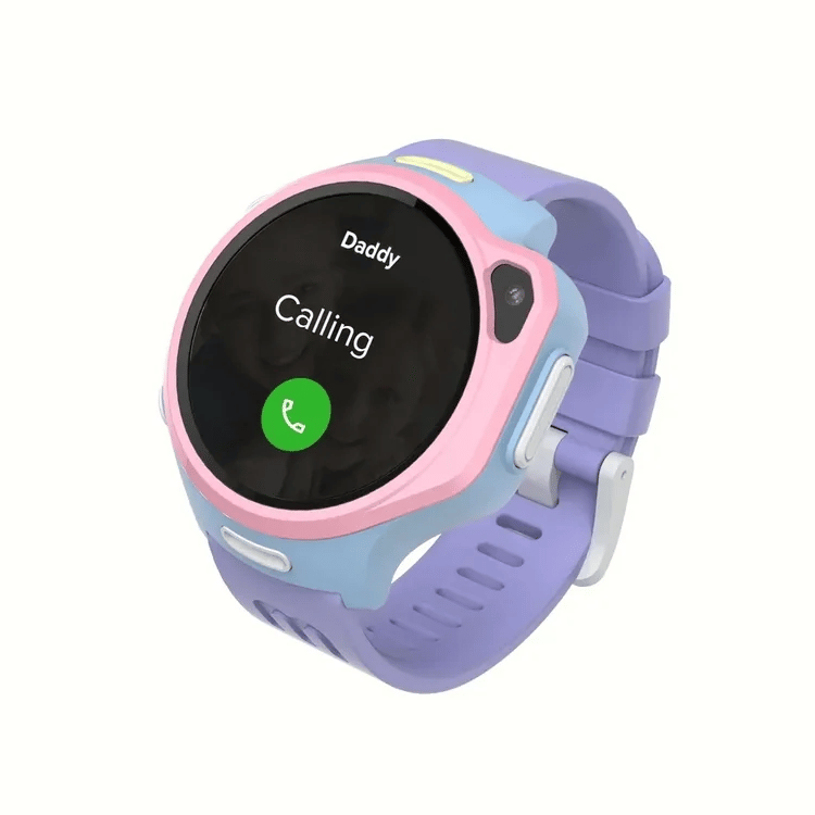 myFirst Fone R2 pink kids smartwatch displaying a calling screen for Daddy with a green answer button.