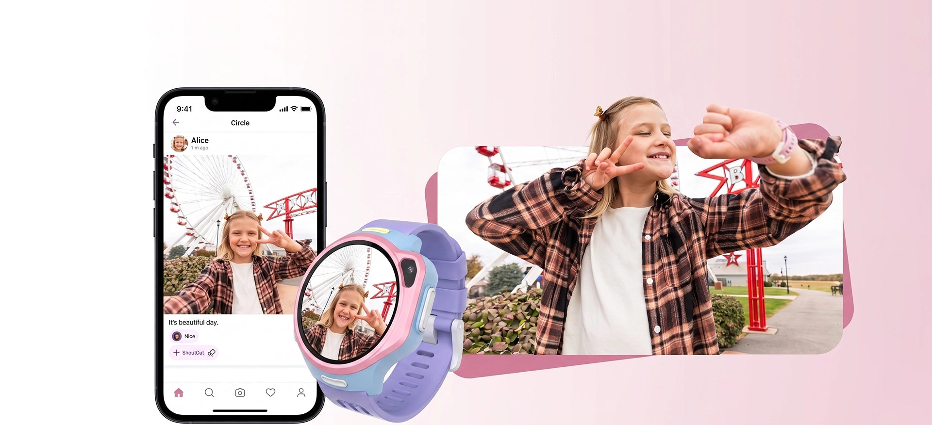 myFirst Fone R2 pink kids smartwatch capturing a selfie at an amusement park, displayed alongside a smartphone showing the photo shared on the myFirst Circle app.