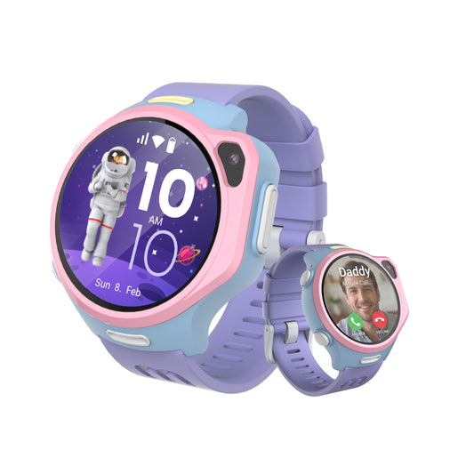 myFirst Fone R2 kids smartwatch with purple silicone strap and pink case, showing video call with 'Daddy' on the circular display