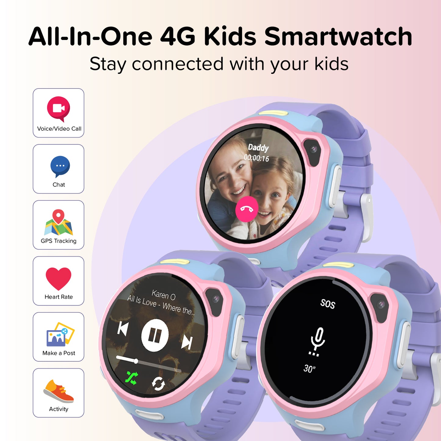 myFirst Fone R2 all-in-one 4G kids smartwatch displaying video call, music playback, and SOS emergency features, with function icons for chat, GPS tracking, and heart rate.