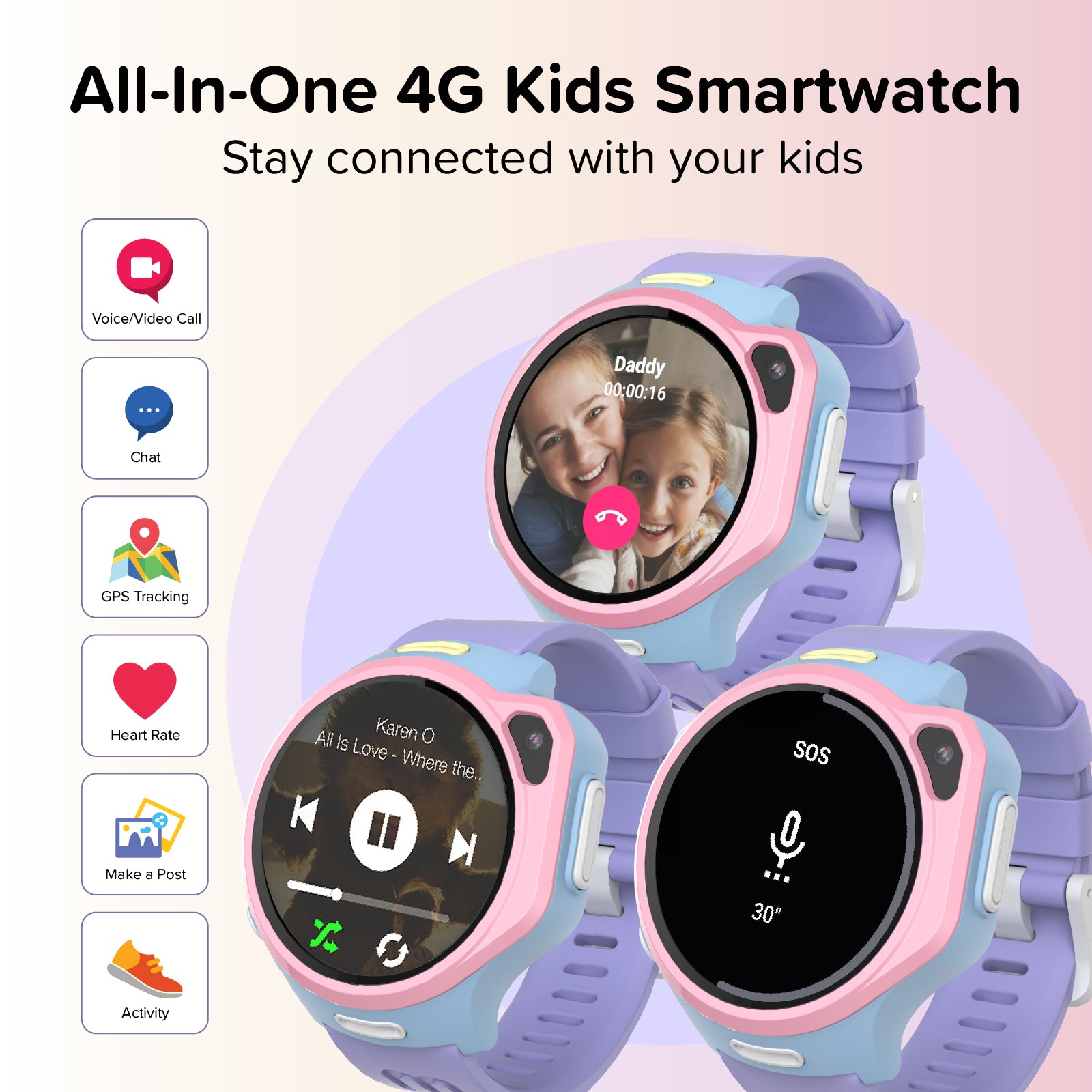 myFirst Fone R2 all-in-one 4G kids smartwatch displaying video call, music playback, and SOS emergency features, with function icons for chat, GPS tracking, and heart rate.