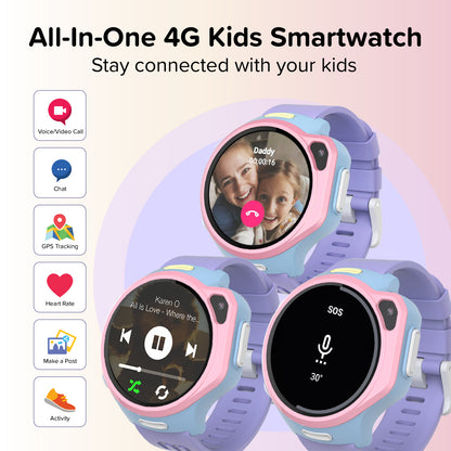 myFirst Fone R2 all-in-one 4G kids smartwatch displaying video call, music playback, and SOS emergency features, with function icons for chat, GPS tracking, and heart rate.