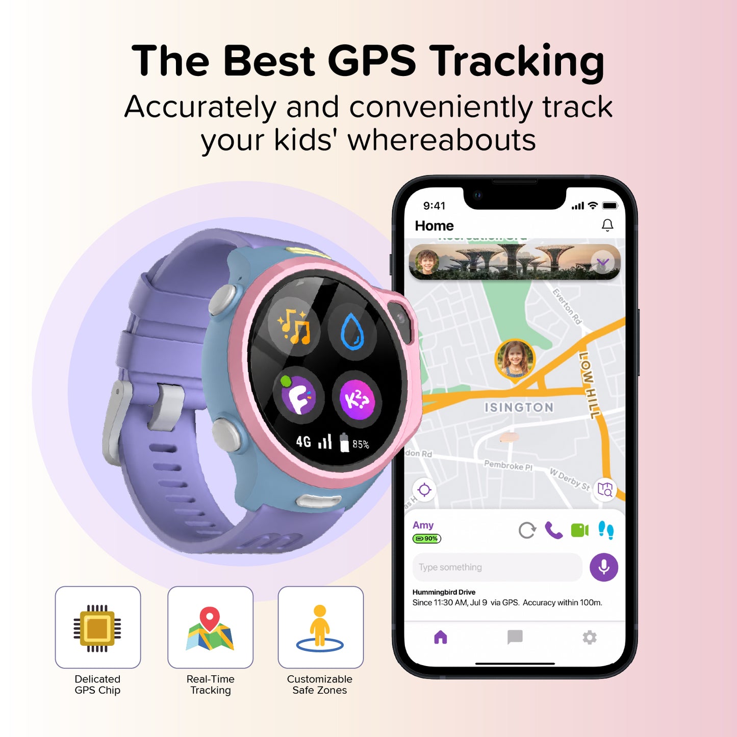 myFirst Fone R2 pink smartwatch showing app menu and 4G beside a smartphone displaying real-time GPS tracking map, dedicated chip, and customizable safe zones.