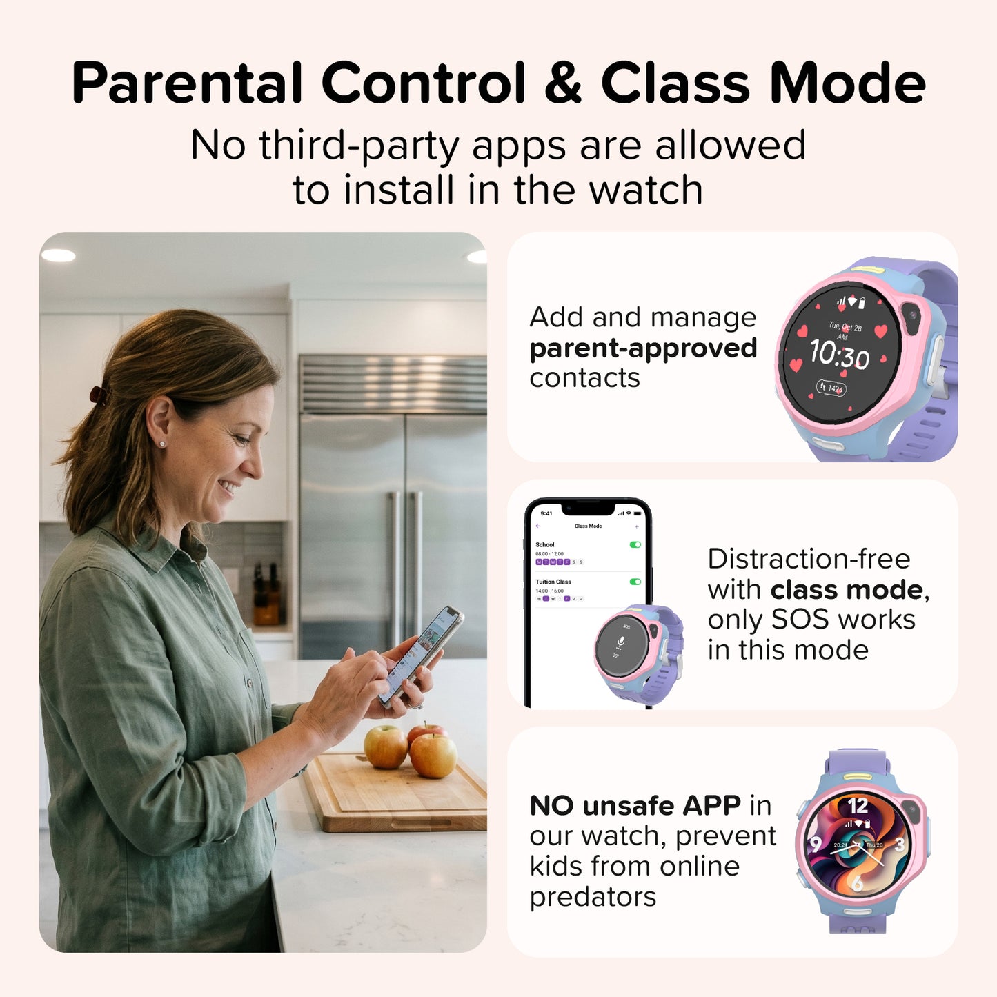 myFirst Fone R2 parental control feature graphic showing mom managing contacts via app, class mode with SOS-only function, and no unsafe third-party apps.