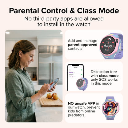 myFirst Fone R2 parental control feature graphic showing mom managing contacts via app, class mode with SOS-only function, and no unsafe third-party apps.