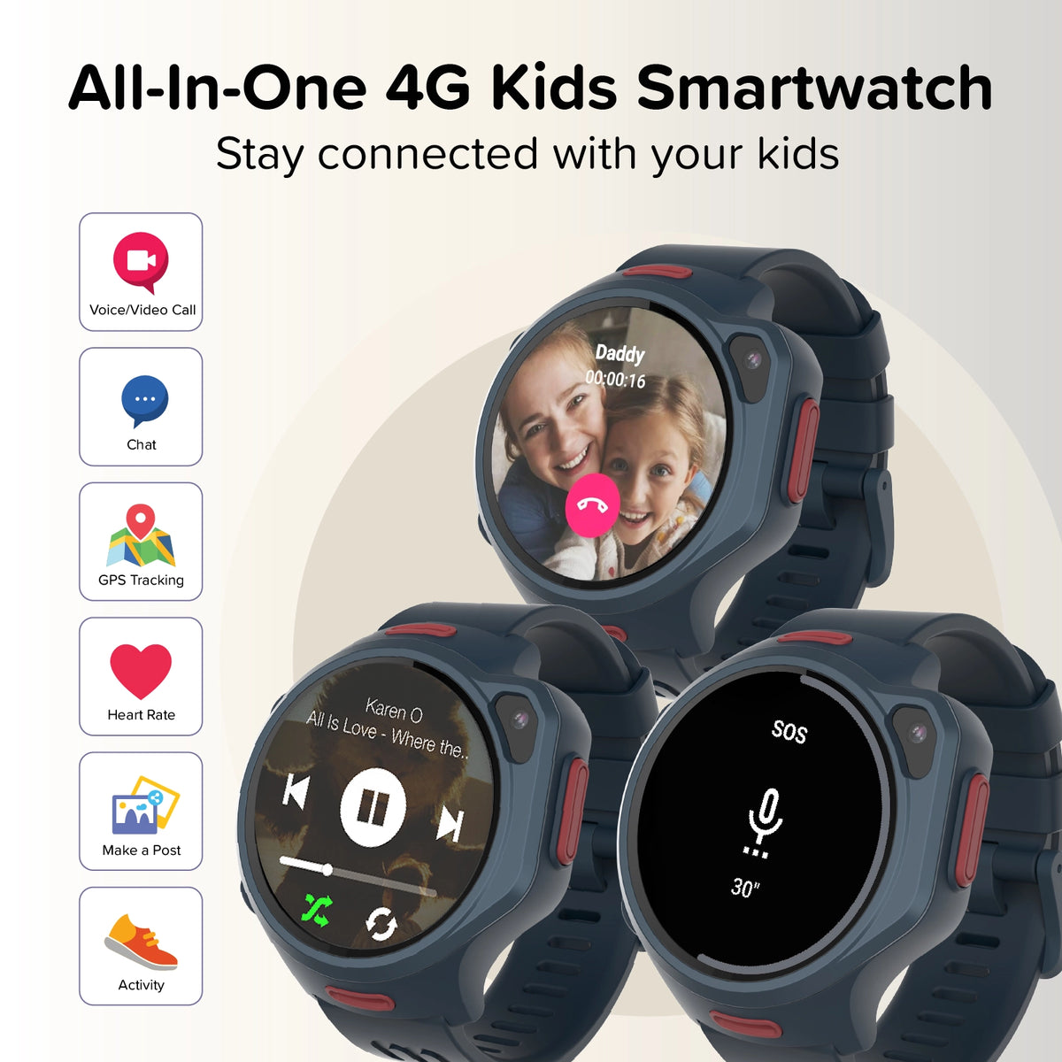 myFirst Fone R2 kids smartwatches in dark gray and red, displayed on beige background with app icons for video call, chat, music, and GPS SOS