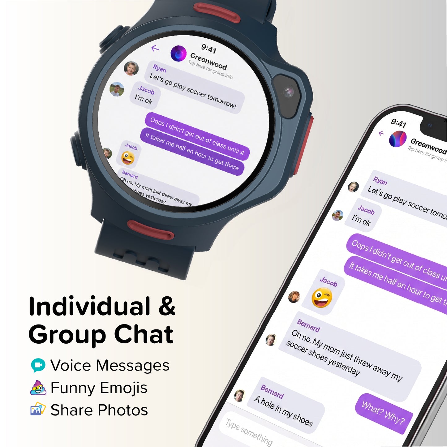 myFirst Fone R2 navy blue kids smartwatch displaying group chat interface synced with a smartphone, featuring voice messages, emojis, and photo sharing.