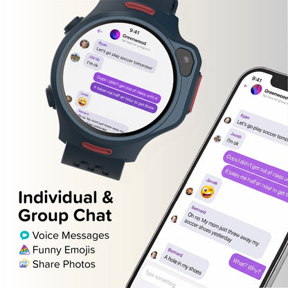 myFirst Fone R2 navy blue kids smartwatch displaying group chat interface synced with a smartphone, featuring voice messages, emojis, and photo sharing.