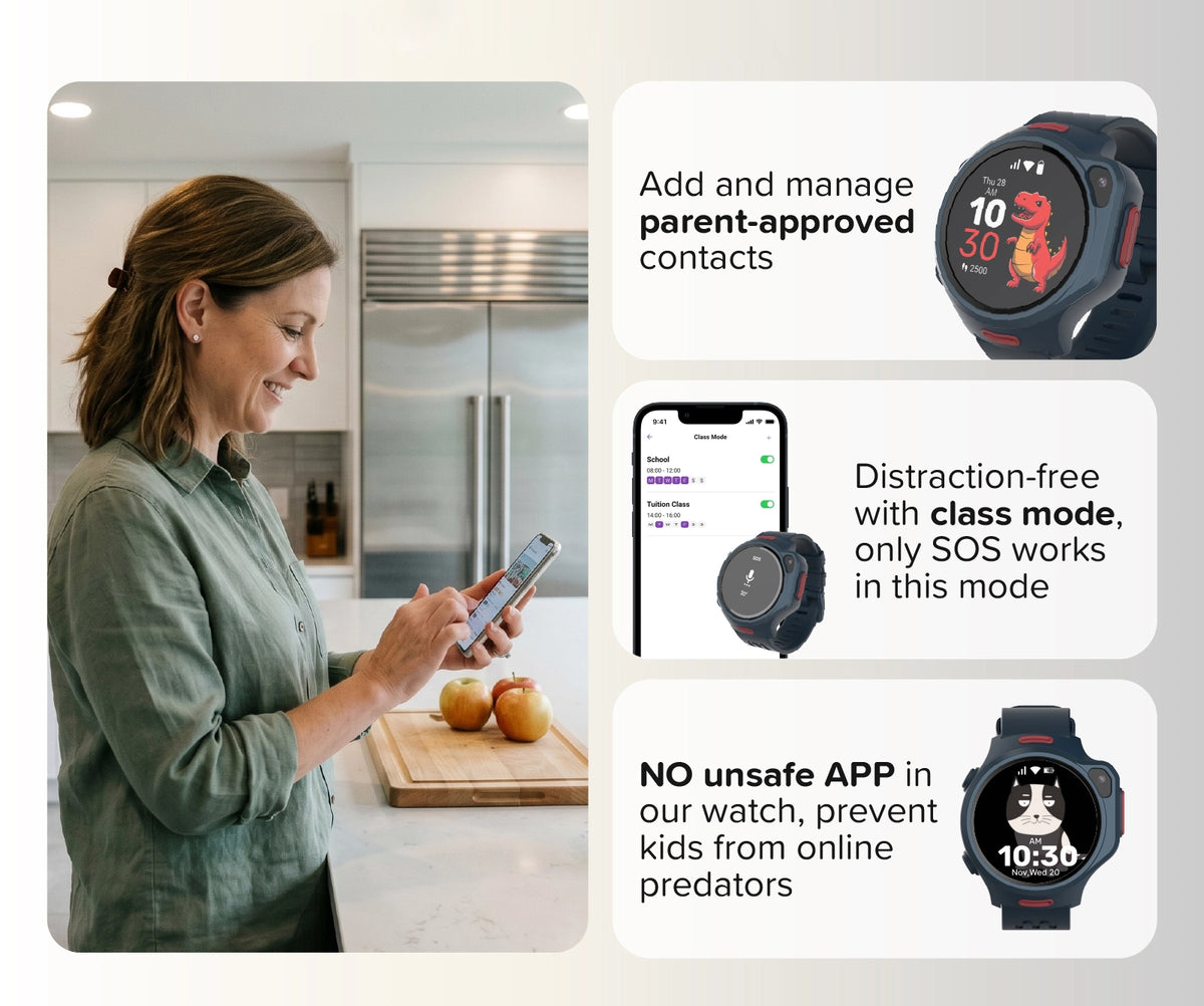 myFirst Fone R2 navy blue kids smartwatch parental control feature graphic showing a mom using the app to manage approved contacts, distraction-free class mode, and no unsafe third-party apps.