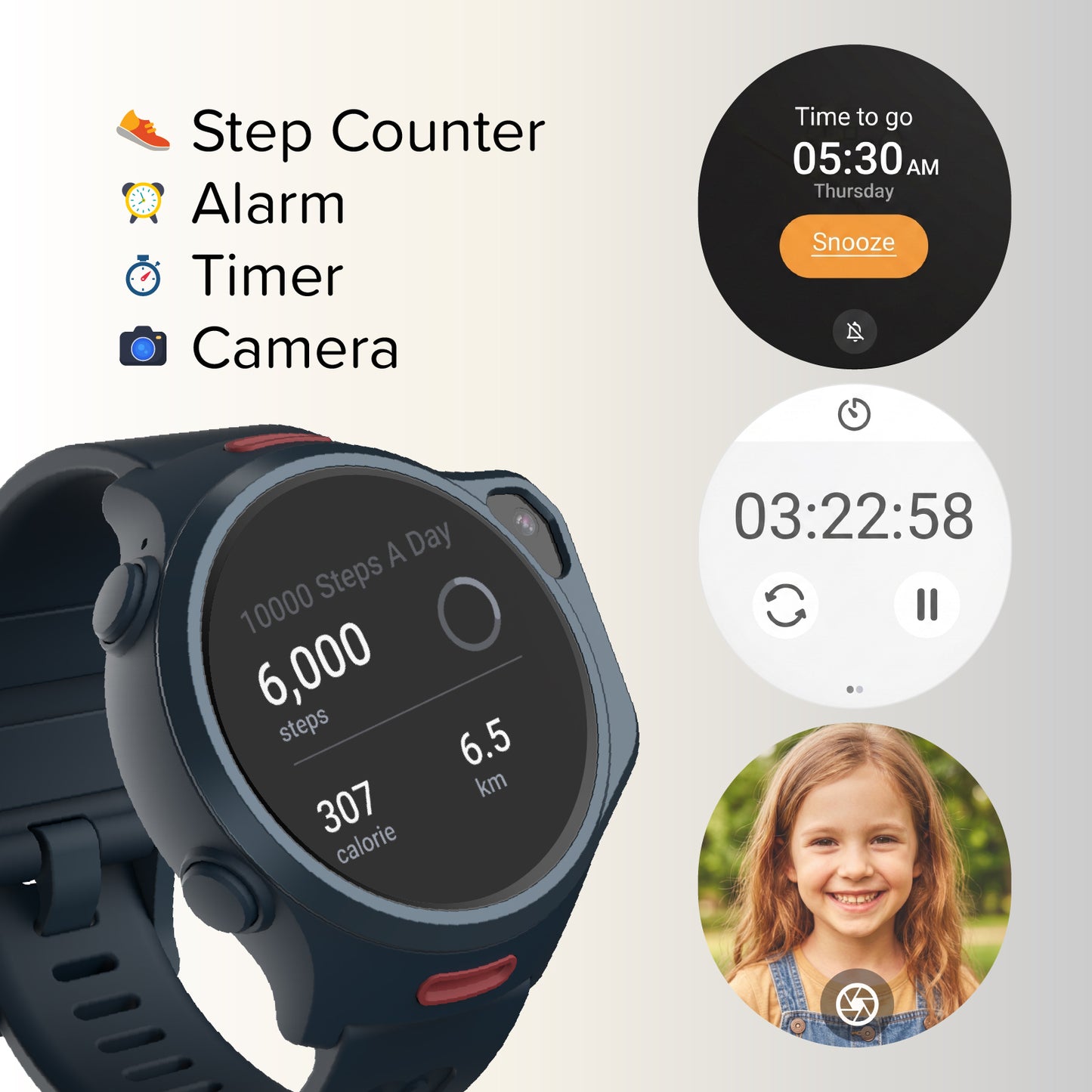 myFirst Fone R2 kids smartwatch showcasing step counter, alarm, timer, and built-in camera with a selfie viewfinder.