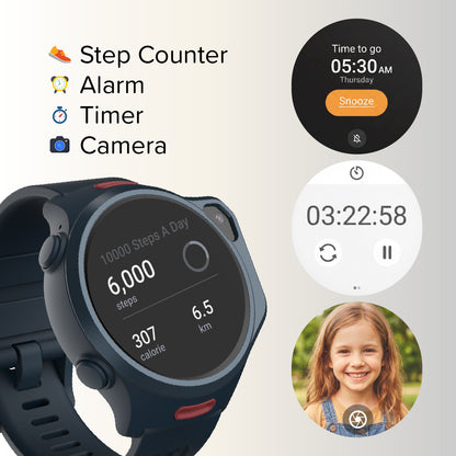 myFirst Fone R2 kids smartwatch showcasing step counter, alarm, timer, and built-in camera with a selfie viewfinder.