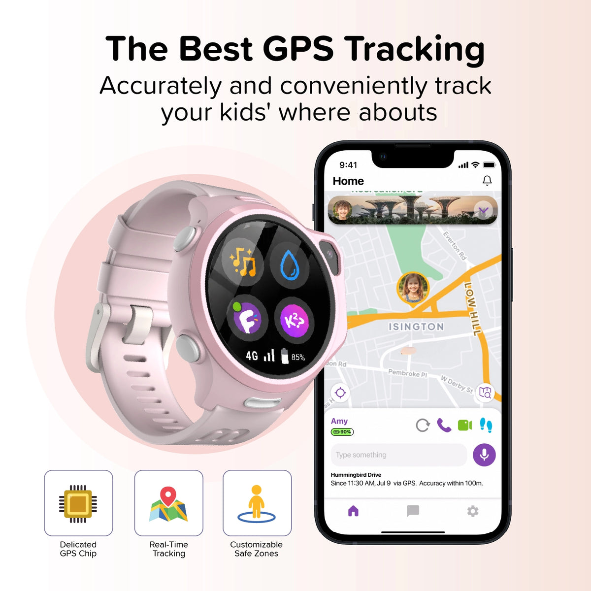 myFirst Fone R2 pink kids smartwatch showing 4G signal and app menu, with a smartphone displaying real-time GPS tracking map, dedicated chip, and customizable safe zones.