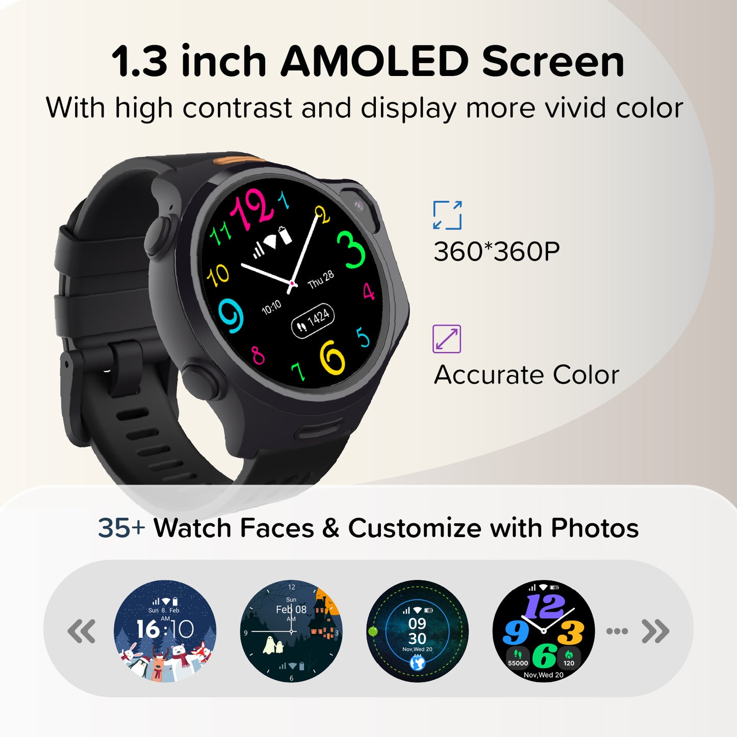 myFirst Fone R2 black kids smartwatch showcasing a 1.3-inch vivid AMOLED screen, 360*360P high-resolution display, and a carousel of 35+ customizable watch faces.