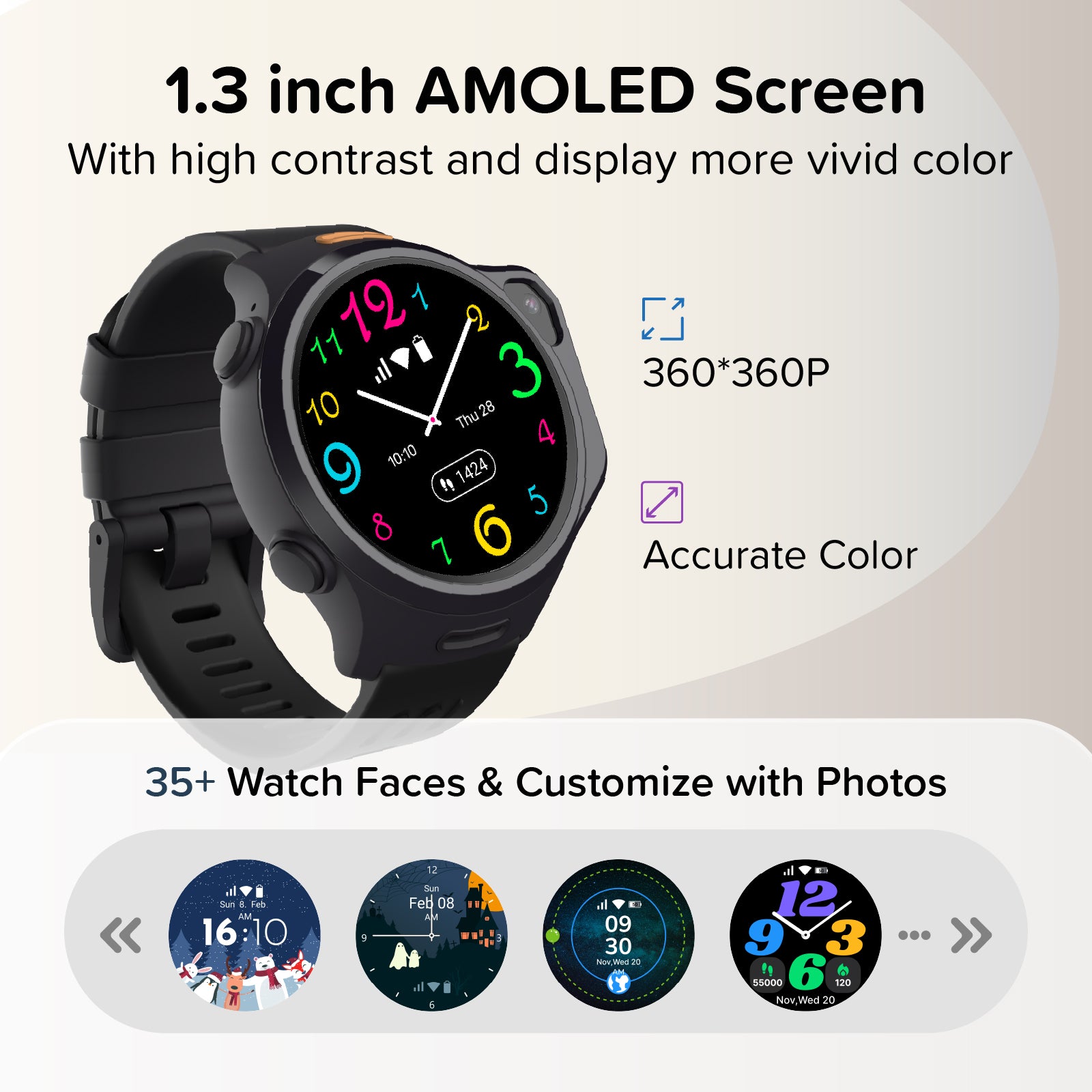 myFirst Fone R2 black kids smartwatch showcasing a 1.3-inch vivid AMOLED screen, 360*360P high-resolution display, and a carousel of 35+ customizable watch faces.