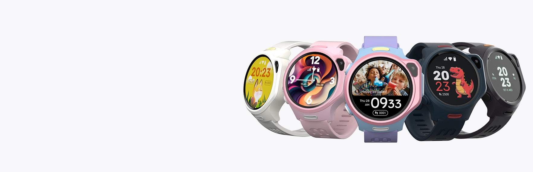 myFirst Fone R2 kids smartwatches with round faces and colorful silicone straps in pink, lavender, white, and dark gray on plain white background2