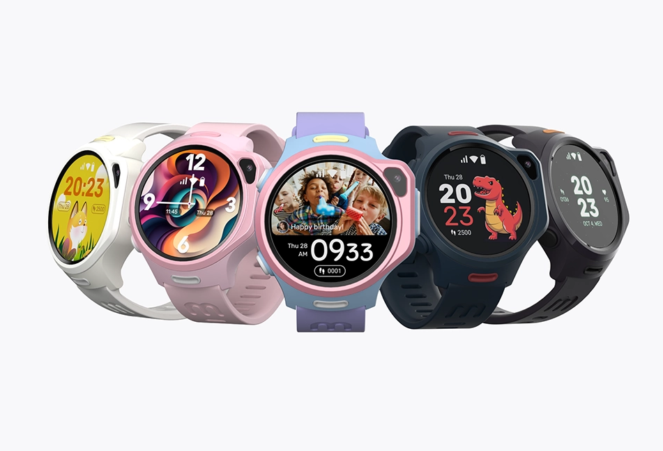 myFirst Fone R2 kids smartwatches in various colors displaying a range of animated and custom watch faces.