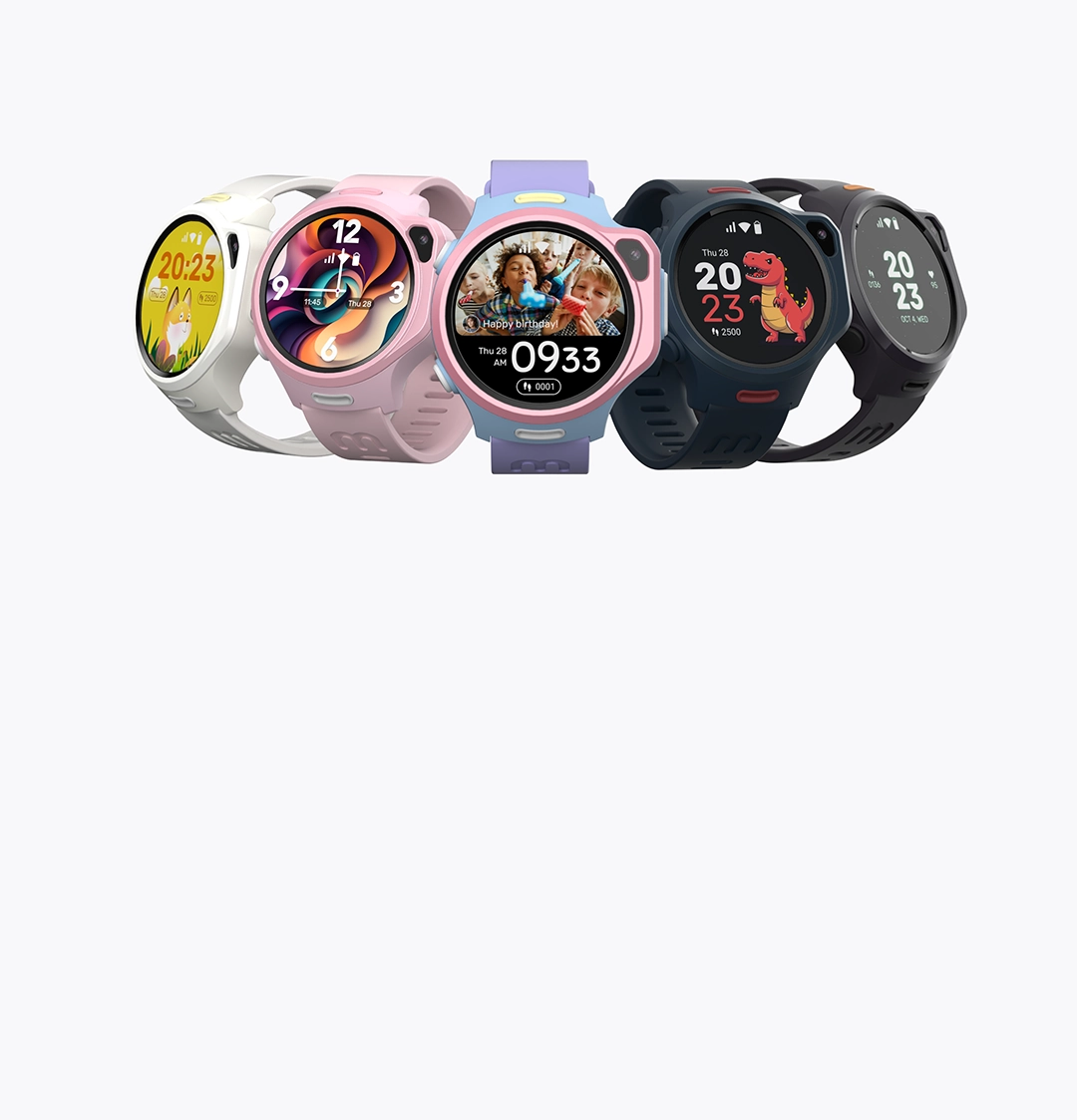 myFirst Fone R2 kids smartwatches with round faces and colorful silicone straps in pink, lavender, white, and dark gray on plain white background