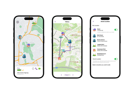myFirst Fone R2 companion app screens displaying real-time GPS tracking, location history timeline, and smart location settings for safe zones.