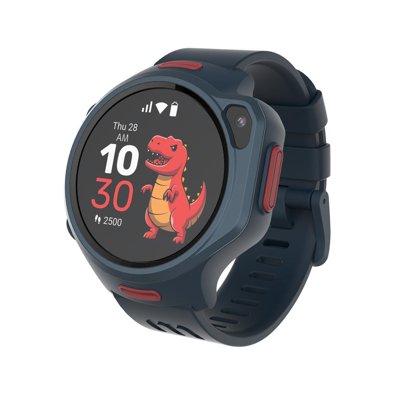 myFirst Fone R2 navy blue kids smartwatch displaying a red cartoon dinosaur watch face and step counter.