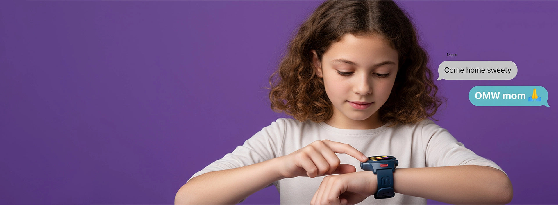 myFirst Fone R2 navy blue kids smartwatch being used by a girl, displaying a two-way text messaging conversation with her mom.