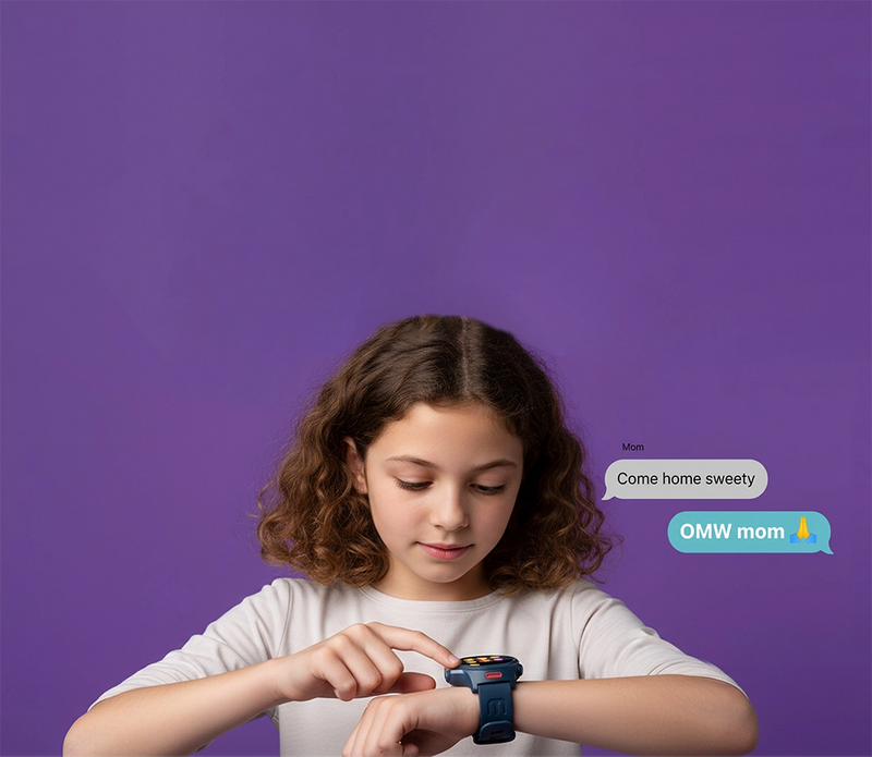 A young girl with curly brown hair looks down at a smartwatch on her wrist, with text message bubbles floating near her head against a solid purple background.