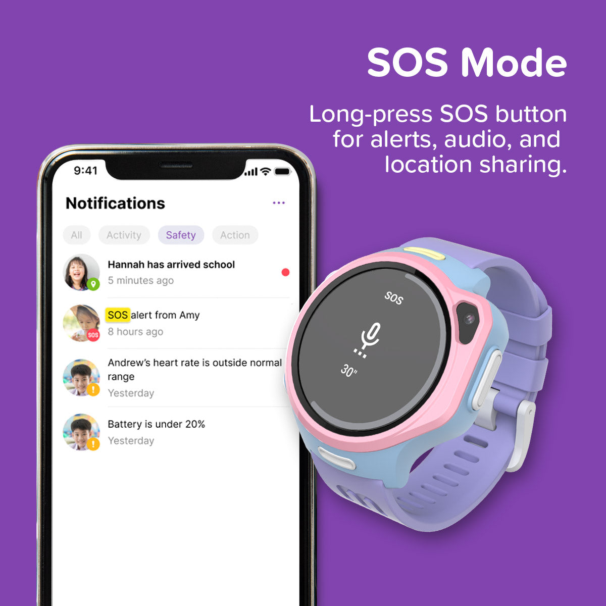 myFirst Fone R2 pink kids smartwatch displaying SOS mode screen, alongside a smartphone showing safety notifications and SOS alerts received from the watch.