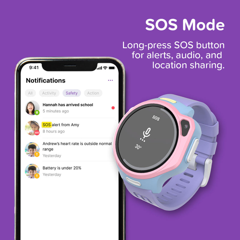 myFirst Fone R2 pink kids smartwatch displaying SOS mode screen, alongside a smartphone showing safety notifications and SOS alerts received from the watch.