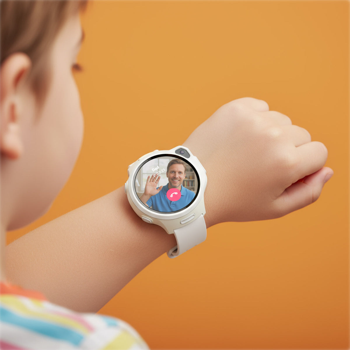 myFirst Fone R2 white kids smartwatch on a child's wrist displaying a live video call from Daddy.