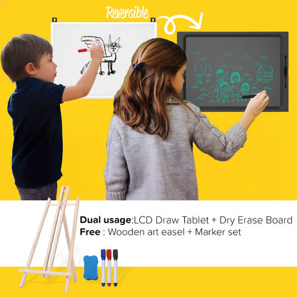 Two kids using a reversible 21-inch kids drawing board, featuring an LCD writing tablet on one side and a dry erase whiteboard on the other. Includes wooden art easel and marker set. Ideal for screen-free creative play, homeschool art activities, and early childhood learning.