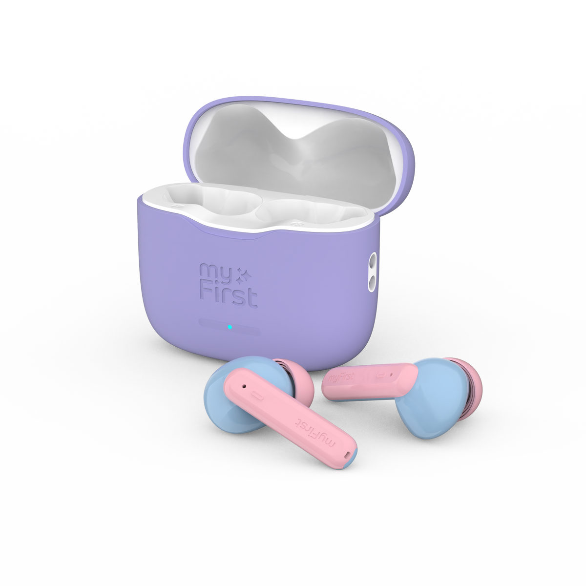 Pastel purple and pink wireless earbuds designed for kids, shown with a matching charging case. Features include a soft fit, volume-limited sound, and child-safe design.