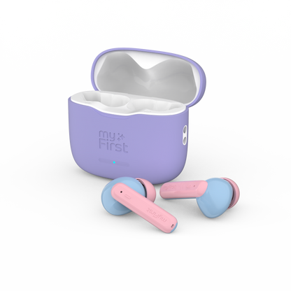 Pastel purple and pink wireless earbuds designed for kids, shown with a matching charging case. Features include a soft fit, volume-limited sound, and child-safe design.