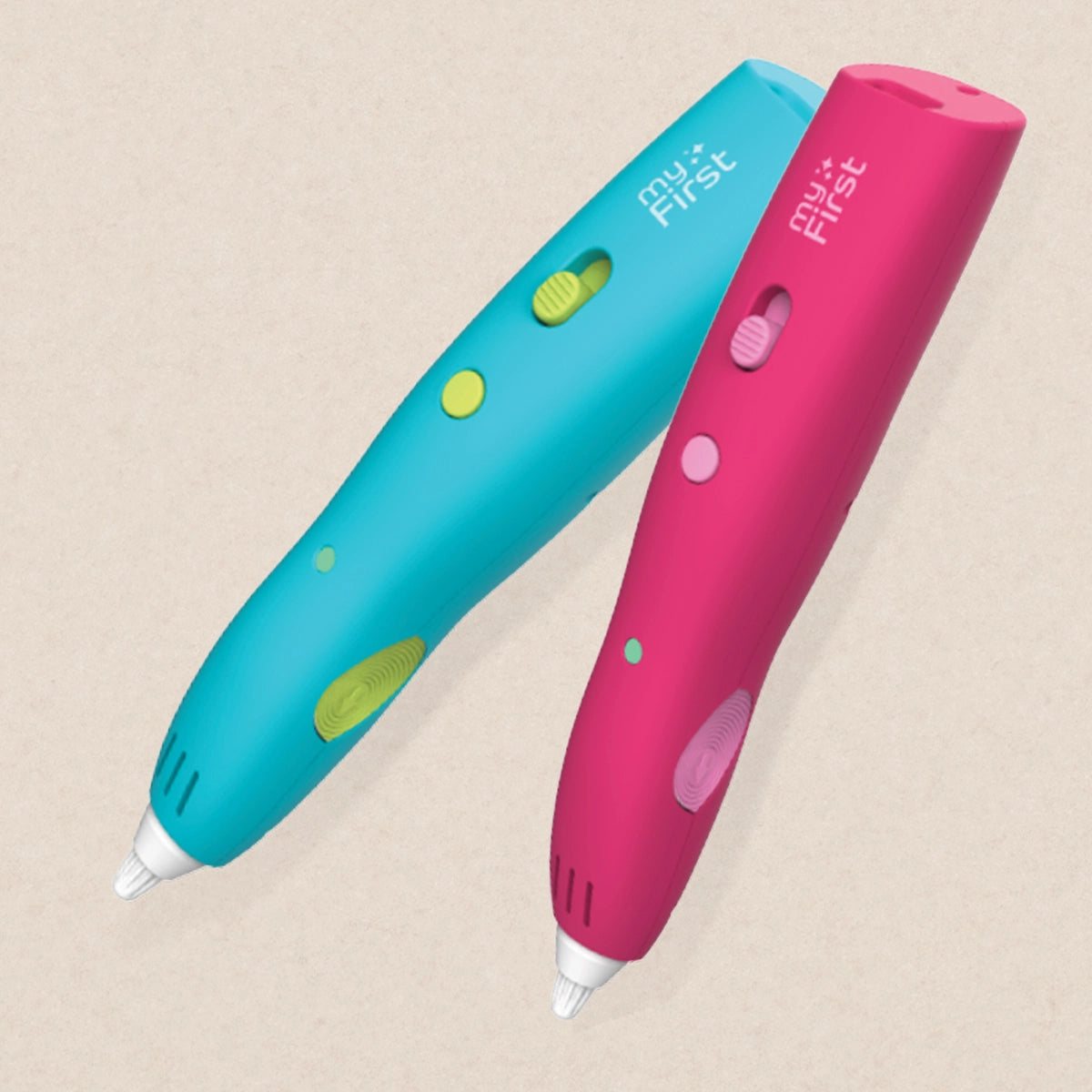myFirst 3dPen Make kids 3D pens in cyan and magenta colors on a light beige background.
